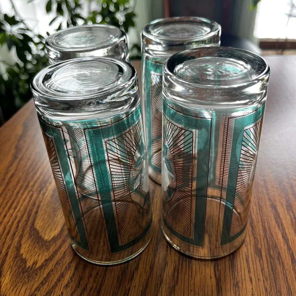 Set of 4 Vtg Libbey Party Time Glasses Tumblers Green With White Rose 12 Oz 5.5”